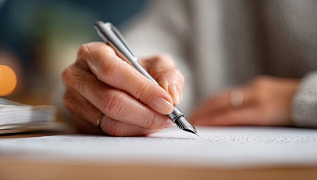Elderly hand gracefully writes with a fountain pen on paper
