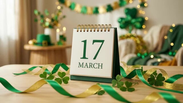 Desktop calendar showing March 17 with shamrocks and ribbon, decorated living room for Saint Patrick day celebration, party invitation concept.