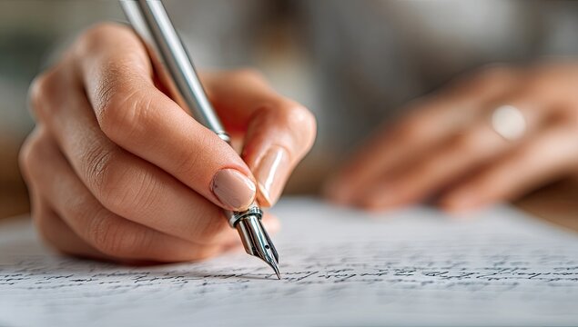 Close-up of hand writing with a fountain pen on paper