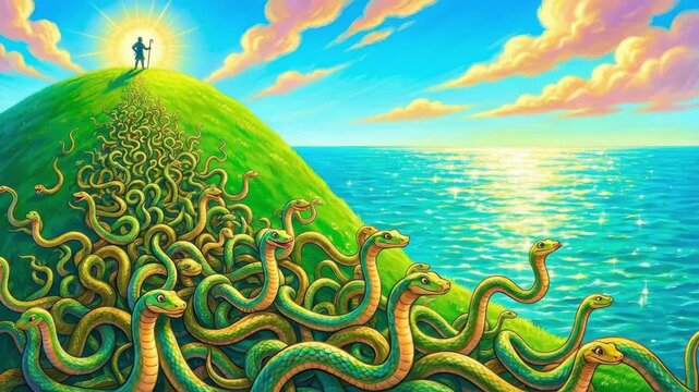 Man on green hill banishing snakes to ocean. Saint Patrick expelling serpents for St. Patricks Day. Religious miracle and Irish legend.