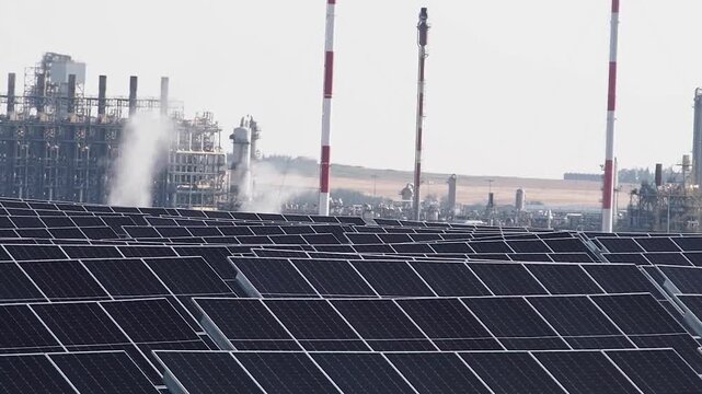 Modern solar panel array in the foreground with an industrial manufacturing facility and smokestacks in the background. This footage illustrates the contrast between renewable energy and traditional i