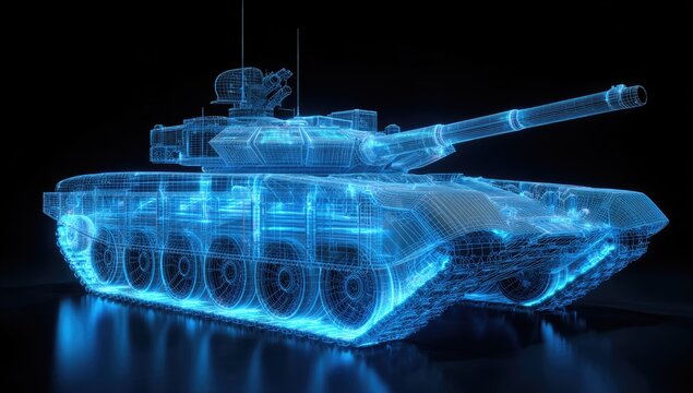 Digital blueprint of a blue armored combat vehicle in wireframe