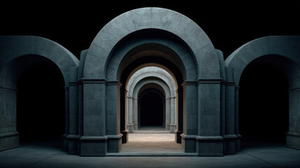 Fototapeta premium Luxury architectural passage with massive stone arches leading into dark corridor, dramatic lighting and symmetrical perspective evoking mystery and grandeur