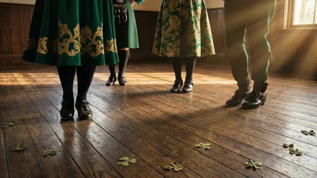 People dancing traditional Irish dance with shamrocks on floor. St Patricks Day celebration with folk music and cultural heritage.