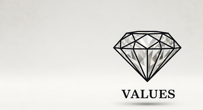 a minimalist diamond illustration with the word values symbolizing core principles and ethical foundations for business integrity.