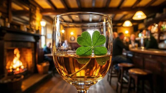 Four leaf clover floating in glass of drink at cozy Irish pub. St Patricks Day celebration with people and fireplace in background.
