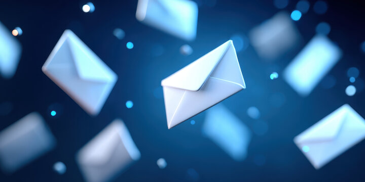 White envelope floating in blue digital space with bokeh light particles conveying message delivery and communication excitement
