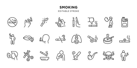 Smoking line icon set with editable stroke