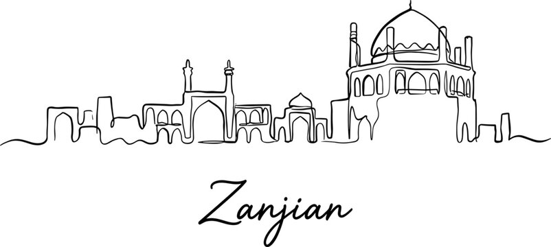 Zanjan Iran city skyline minimalist one line drawing with Soltaniyeh Dome vector illustration