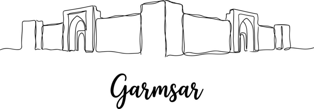 Garmsar city skyline with traditional arches in continuous one line drawing style vector illustration