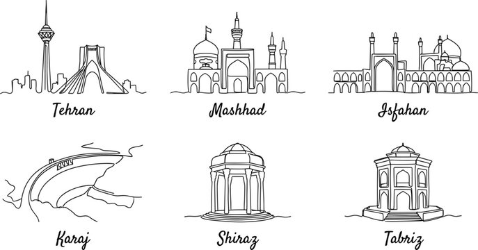 Iranian city landmarks minimalist line art vector illustration featuring Tehran Mashhad Isfahan