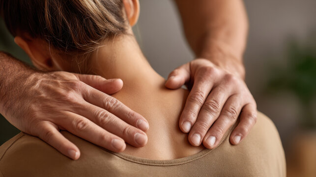 Soft shoulder massage therapy session with therapist hands on upper back providing gentle relief and calm comfort to patient in neutral treatment setting