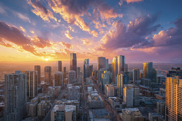 Aerial panoramic view of downtown city skyline with modern skyscraper buildings under colorful sunset sky with scattered clouds creating warm and vibrant atmosphere