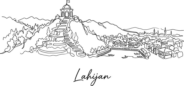 Lahijan Iran city skyline and Sheitan Kooh hill continuous line art vector