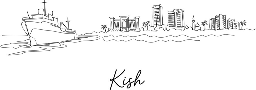 Kish Island Iran skyline with ship and coastal buildings continuous line art vector