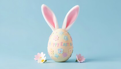 Fototapeta premium Happy Easter greeting scene featuring pastel decorated egg and playful bunny ears arranged on a soft blue background for spring celebration and seasonal, created with generative ai