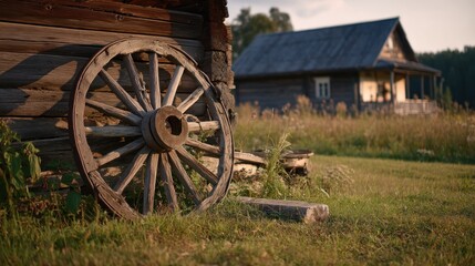Obraz premium Rustic wooden wagon wheel against a weathered wooden structure and house