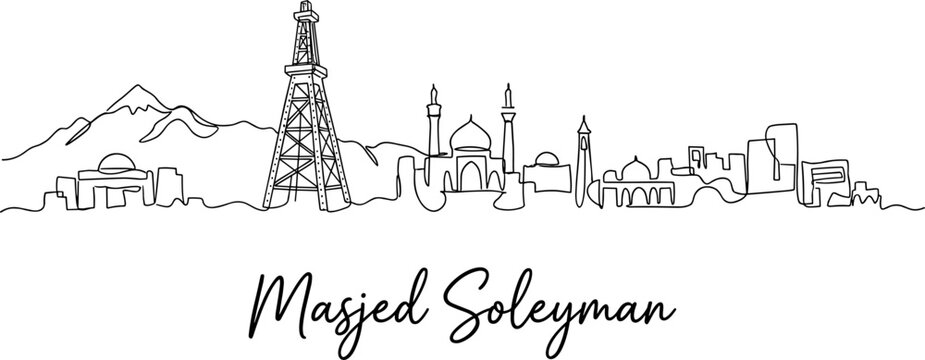 Masjed Soleyman city skyline with oil derrick and mountains continuous line drawing vector