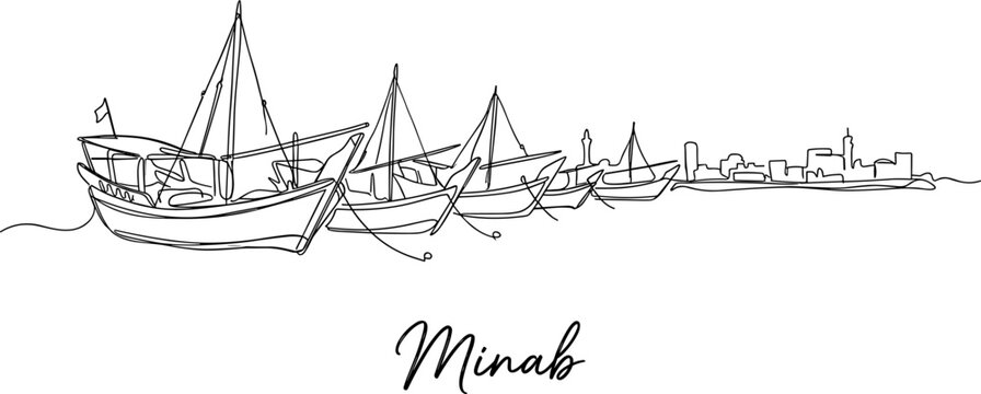 Minab city skyline and traditional dhow boats in harbor minimalist continuous line art vector illustration