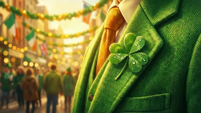 Man in green coat with shamrock on lapel on a blurred street with crowd. St Patricks Day celebration and Irish holiday party concept.