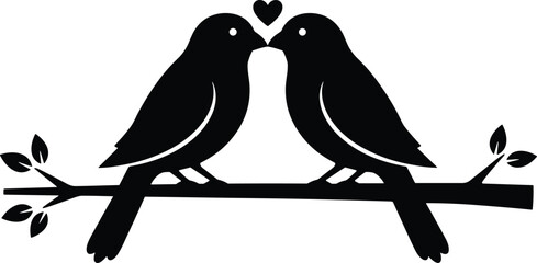 "Romantic silhouette of two birds perched on a leafy branch with heart symbol above, symbolizing love, nature, companionship, and affection in minimalist design" © MD