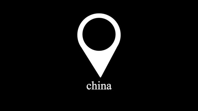 White location pin icon above the word china on a black background china map marker,with 4k video animation.