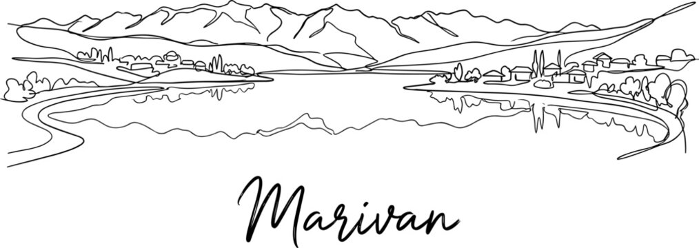Minimalist one line drawing of Marivan landscape with mountains and lake vector illustration