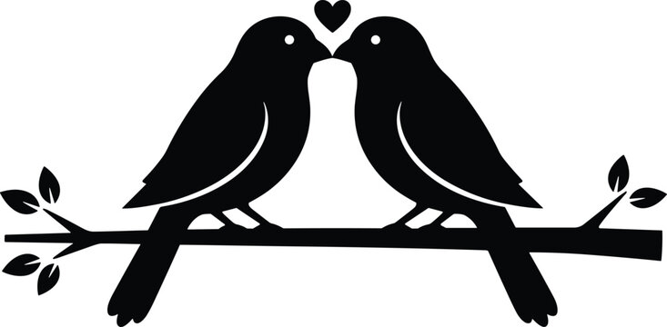 "Romantic silhouette of two birds perched on a leafy branch with heart symbol above, symbolizing love, nature, companionship, and affection in minimalist design"