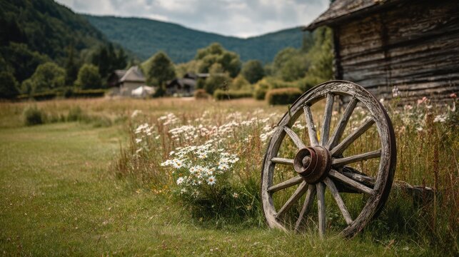 Old wooden wagon wheel in a field near a rustic wooden house