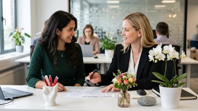 Smiling professional businesswomen collaborate at modern office desk, discussing project with positive interaction.