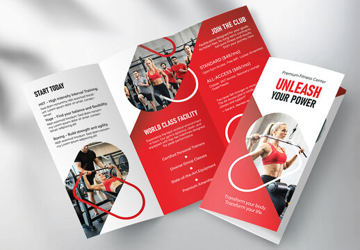Fitness transformation motivation concept : Modern tri-fold brochure template for fitness and gym business	