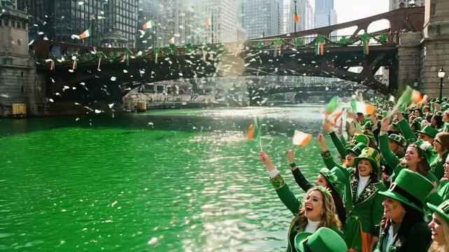 Cheering group of women celebrating St. Patricks Day with Irish flags and green river. Festive parade and holiday celebration with confetti and fireworks.