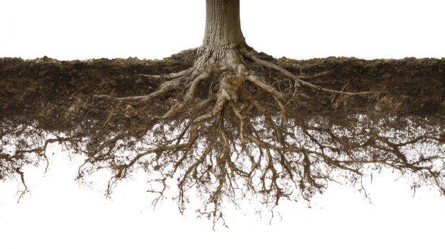 Tree roots and soil illustration on transparent background showing underground network