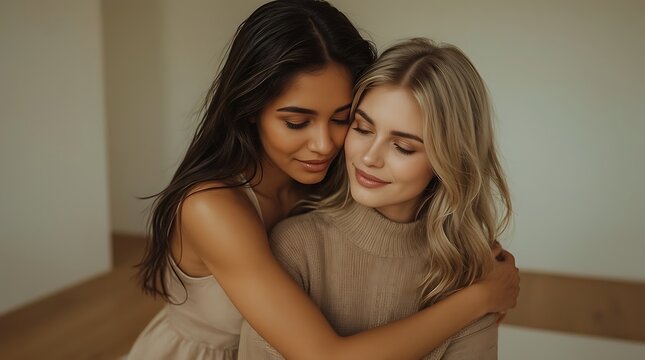 Two women, one with long dark hair and the other with long blonde hair, embracing each other warmly in a neutral room, conveying comfort, friendship, and support in a realistic, natural, aff