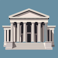 Fototapeta premium Majestic classical facade of a grand neoclassical building with a prominent triangular pediment and rows of stately Ionic columns, presented in a minimalist vector art style.