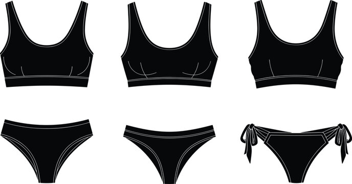 Women bikini and sport bra silhouettes set swimwear lingerie clothing fashion vector illustration isolated collection design