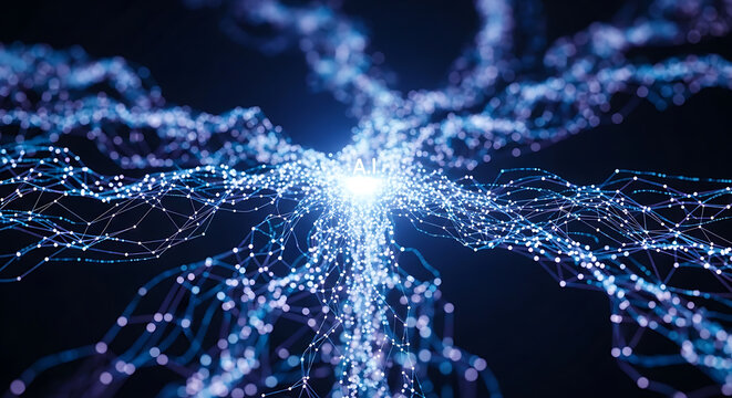 Futuristic abstract representation of artificial intelligence featuring glowing digital neural network connection with binary data flow and intelligent cybernetic brain circuitry background.