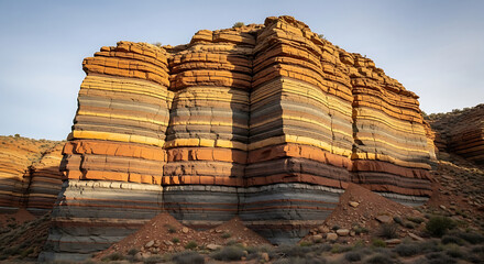 distinct layered rock formation displaying vibrant geological strata in a sunlit desert showcasing earths ancient natural history and beauty.