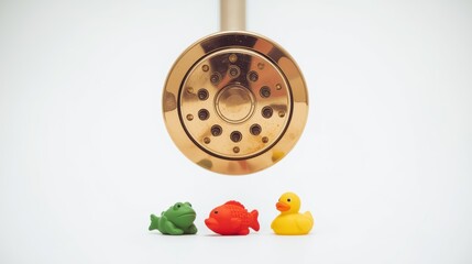 Fototapeta premium Brass shower head with rubber ducks, bathroom toys