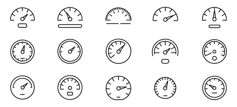 Speedometer Icon Set, speed indicator gauge dashboard tachometer scale, speedometer with arrow, editable stroke line vector illustration for vehicle, app, and dashboard design.