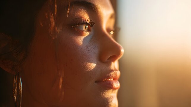 Close up profile of a young woman bathed in warm golden hour sunlight.