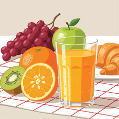 Vibrant flat illustration of a healthy breakfast featuring fresh orange juice in a glass, ripe grapes, juicy orange, kiwi, green apple, and a flaky croissant on a checkered tablecloth.