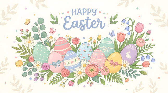 Cheerful 'Happy Easter' banner with colorful eggs, blooming spring flowers, and lush green foliage