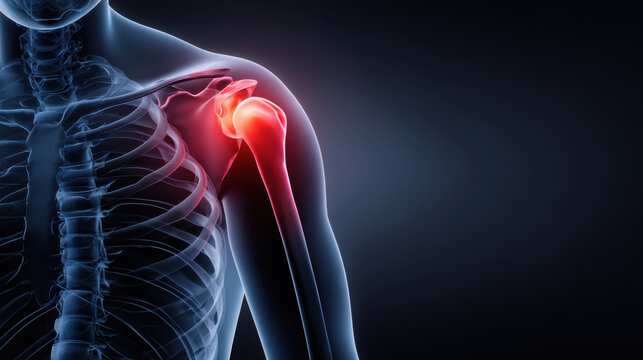 Shoulder pain joint inflammation human skeleton xray medical concept highlighting red shoulder joint area with glow indicating injury or arthritis
