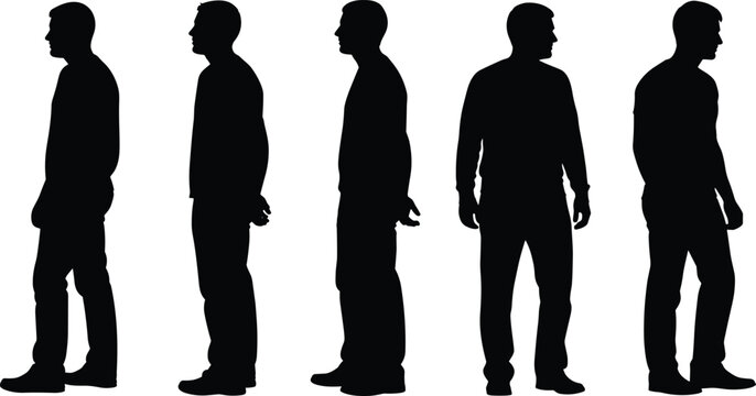 Male body types silhouettes weight transformation slim to overweight standing side view men isolated black vector illustration