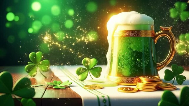 Green beer in golden mug with shamrock and gold coins on table. Festive St Patricks Day celebration design for party invitations. Traditional Irish luck concept.