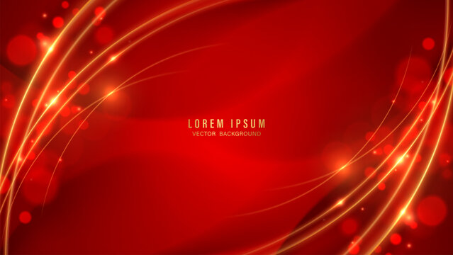 Abstract red and gold background with glowing curves, waves, and bokeh lights