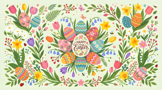 Vibrant Spring Easter Illustration with Decorated Eggs and Blooming Floral Garland Design