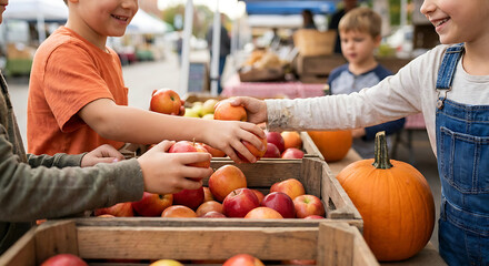 Fototapeta premium young children happily selecting fresh apples and pumpkins from wooden crates at an outdoor farmers market on an autumn day.
