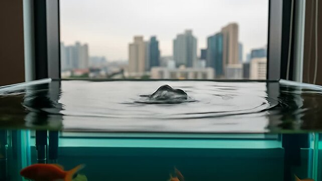 Split-level view city skyline above, goldfish swimming below waterline, ripples above